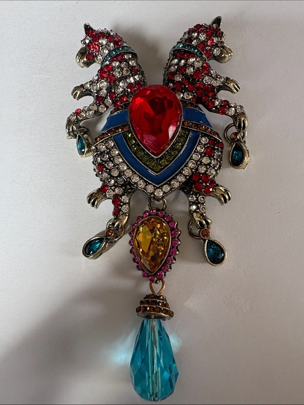 Statement Red and Blue Crystal Drop Brooch